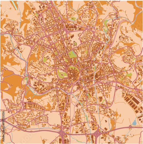 Map of Brno in Czech Republic in a sandy theme. Contains layered vector with roads water, parks, etc.