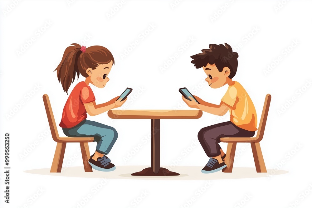 An illustration showing two kids sitting opposite each other, not interacting, as they focus on their gadgets, highlighting the challenges of socialization in the digital age An illustration showing two kids sitting opposite each other, not interacting, as they focus on their gadgets, highlighting the challenges of socialization in the digital age
