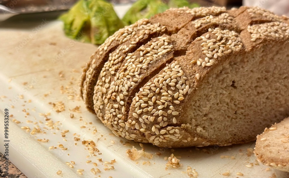 A close-up of a sliced loaf of sesame seed bread on a cutting board, with fresh lettuce in the background, creating a wholesome and appetizing scene