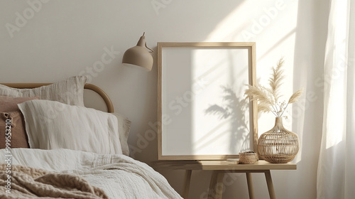 Minimalist Bedroom Interior with Blank Frame   Natural Light  and Rattan Decor