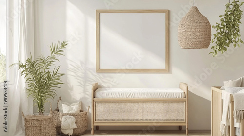 Minimalist Nursery Interior Design with Rattan Bench and Wooden Crib