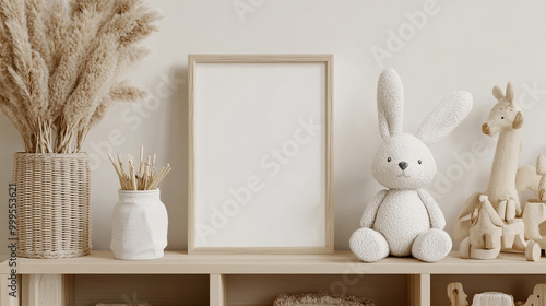 Blank Picture Frame on Wooden Shelf with Stuffed Bunny and Wooden Toys