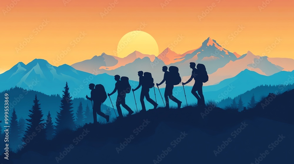 Hikers silhouette against sunset backdrop