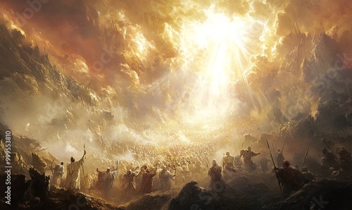 Army marches towards a heavenly light.