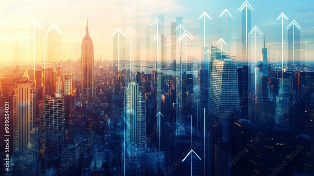 Blurry network interface with arrows pointing up over New York city panorama background. Concept of smart city and internet connection.generative ai Blurry network interface with arrows pointing up over New York city panorama background. Concept of smart city and internet connection.generative ai