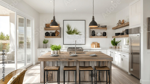 Modern Farmhouse Kitchen Island with Rustic Wood Countertop and Pendant Lights