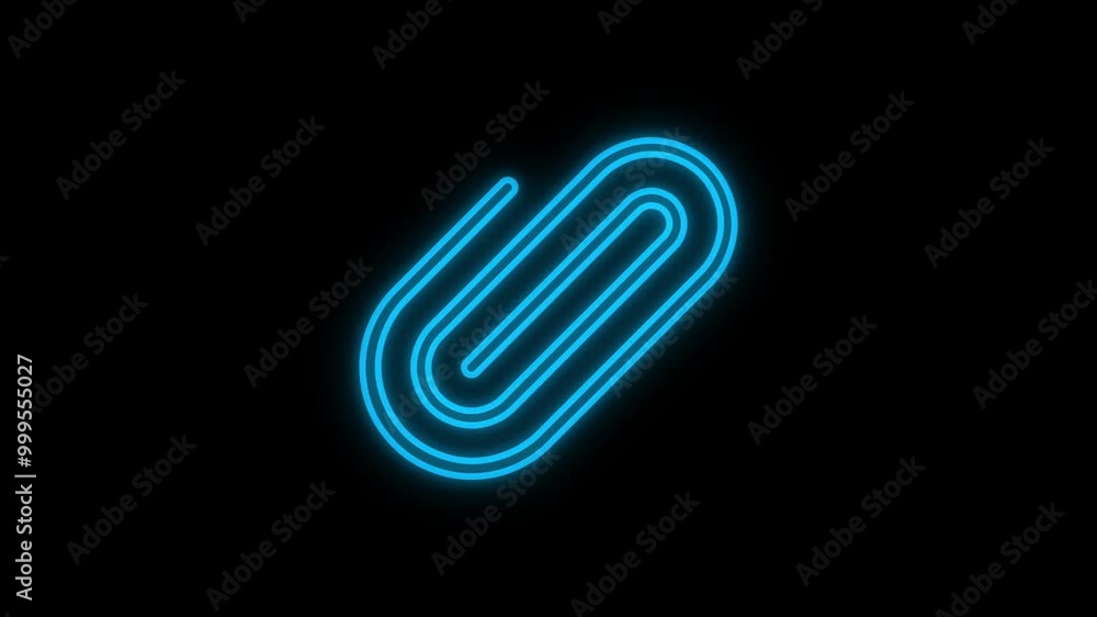 A glowing neon effect of a paperclip icon is set on a black background. 4K video motion graphic animation. A glowing neon effect of a paperclip icon is set on a black background. 4K video motion graphic animation.