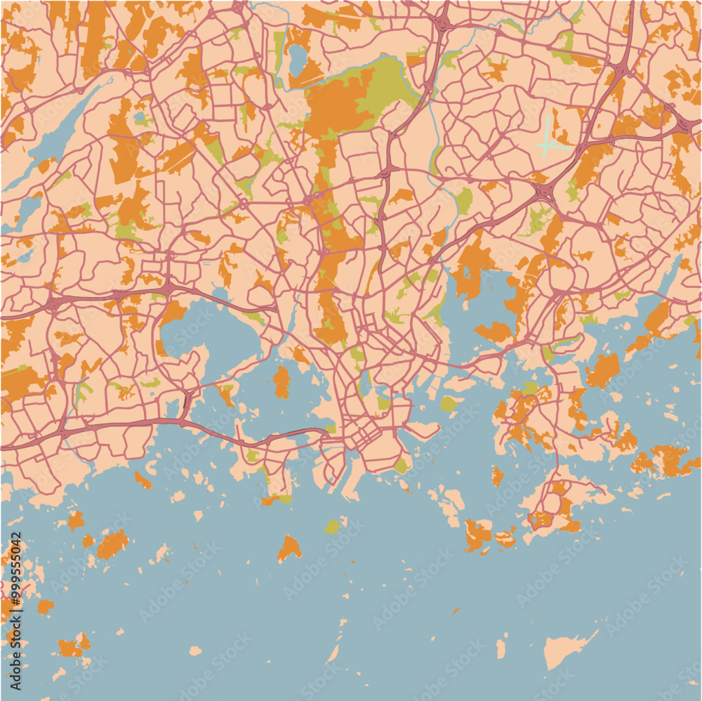 Fototapeta premium Map of Helsinki in Finland in a sandy theme. Contains layered vector with roads water, parks, etc.