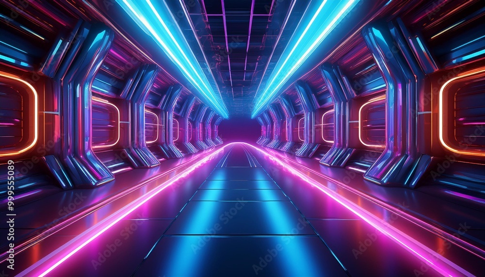 futuristic 3D tunnel with glowing neon lights along the walls and ceiling futuristic 3D tunnel with glowing neon lights along the walls and ceiling