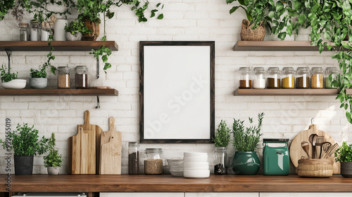 Kitchen Mockup with Frame  Plants  and Wooden Shelves