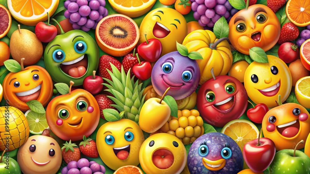 Bright and cheerful fruit emoji set featuring apples, bananas, oranges, grapes, and watermelon, ideal for enhancing Bright and cheerful fruit emoji set featuring apples, bananas, oranges, grapes, and watermelon, ideal for enhancing