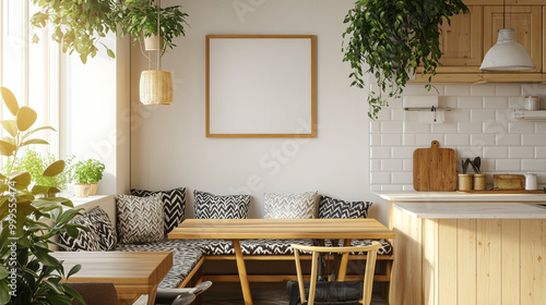 Modern Kitchen Design with Empty Frame  Wooden Table  and Plants