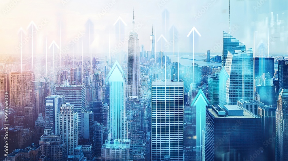 Blurry network interface with arrows pointing up over New York city panorama background. Concept of smart city and internet connection.generative ai Blurry network interface with arrows pointing up over New York city panorama background. Concept of smart city and internet connection.generative ai