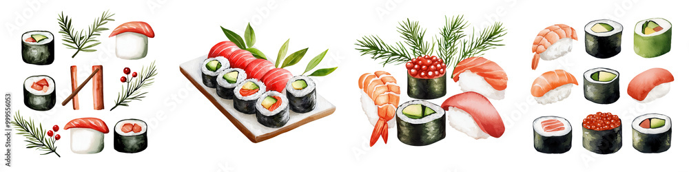 Assorted sushi platter with various ingredients and fresh seafood, white isolate background. Assorted sushi platter with various ingredients and fresh seafood, white isolate background.