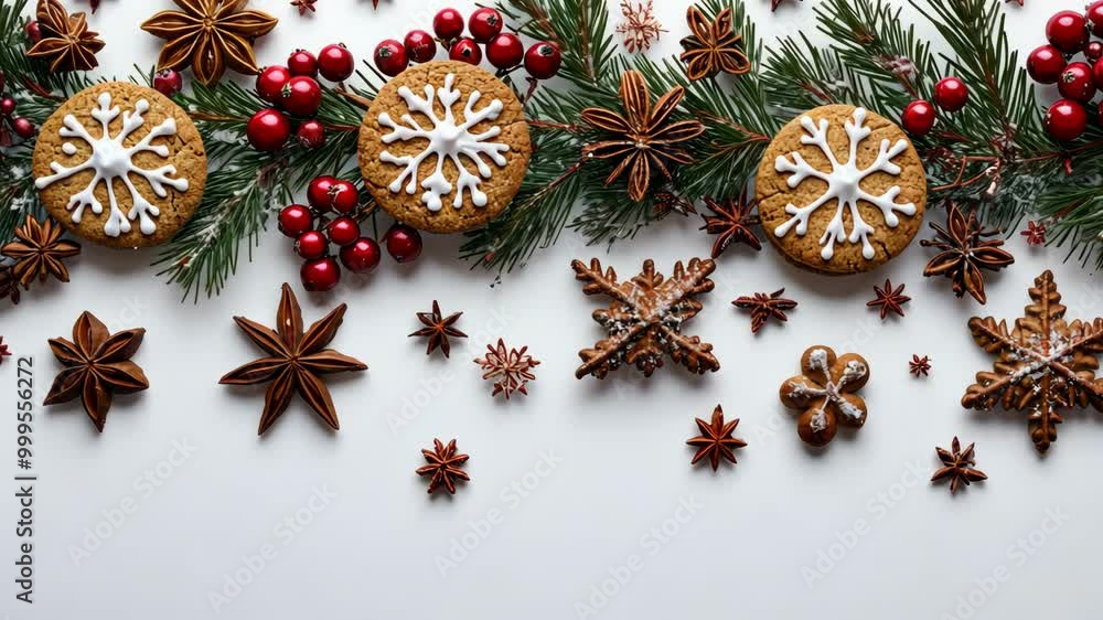 Gingerbread cookies, star anise, and pine branches create a festive scene on a white background Gingerbread cookies, star anise, and pine branches create a festive scene on a white background