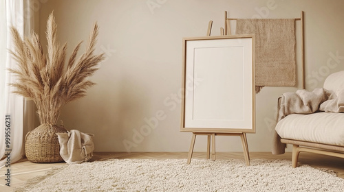 Modern Interior Design Mockup with Blank Canvas Frame and Bohemian Decor