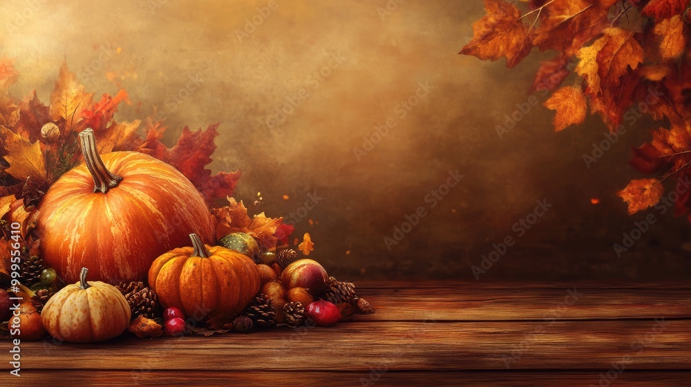 Pumpkins and fall leaves on wooden table. Perfect for Thanksgiving, harvest, and autumn designs. Pumpkins and fall leaves on wooden table. Perfect for Thanksgiving, harvest, and autumn designs.