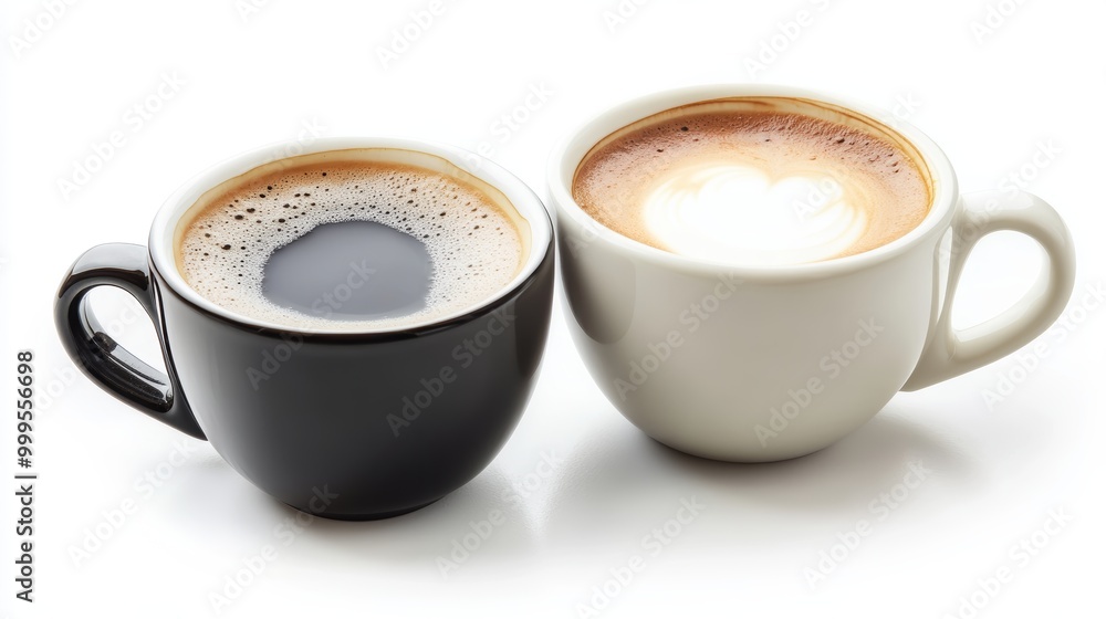 Obraz premium Two cups with black coffee and coffee with milk isolate on a white background close up.