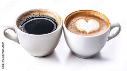 Two cups with black coffee and coffee with milk isolate on a white background close up.