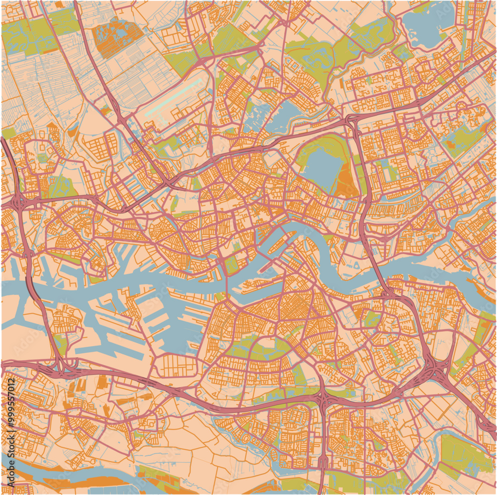 Obraz premium Map of Rotterdam in Netherlands in a sandy theme. Contains layered vector with roads water, parks, etc.