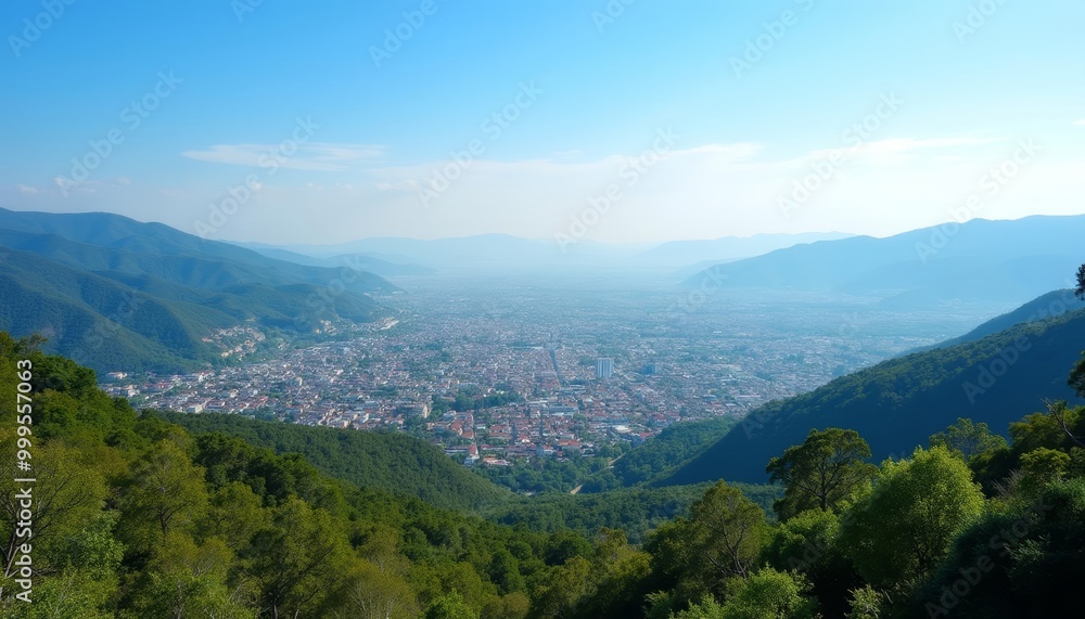 Elevated view of a bustling city nestled amidst natures embrace Elevated view of a bustling city nestled amidst natures embrace