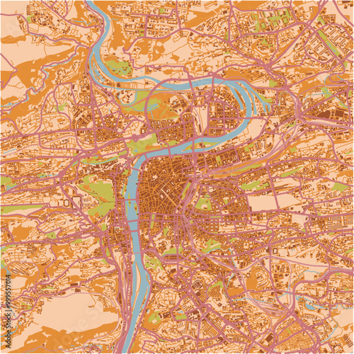 Map of Prague in Czech Republic in a sandy theme. Contains layered vector with roads water, parks, etc.