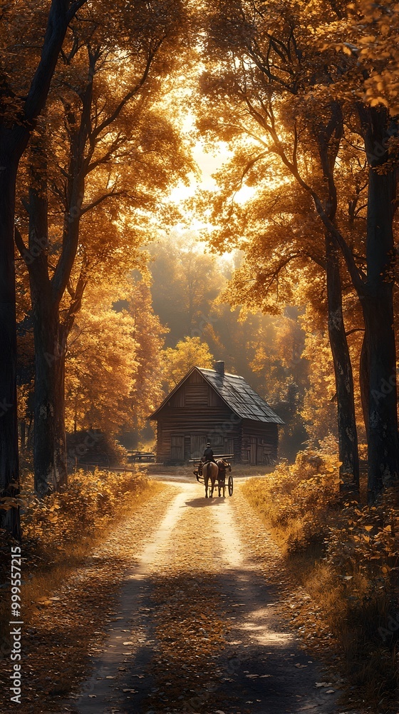 Serene Countryside Road with Farmer Horse and Rustic Barn Serene Countryside Road with Farmer Horse and Rustic Barn