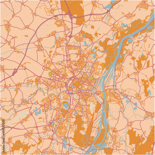 Map of Strasbourg in France in a sandy theme. Contains layered vector with roads water, parks, etc.