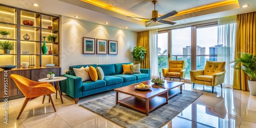 Chic 2 BHK apartment showcasing modern furniture and sophisticated decor, designed for contemporary living, balancing photo