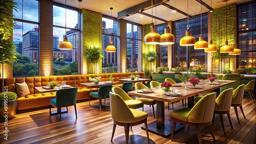 Chic dining space at a favored Chicago restaurant, showcasing elegant interior design and inviting warm lighting,