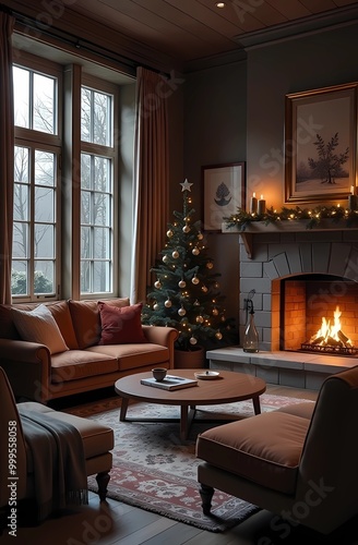 Cozy living room winter interior with fireplace