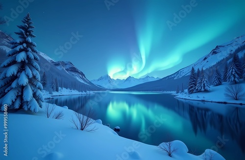 Winter landscape covered in snow, northern lights in the sky reflecting on the lake, icy blue colors,