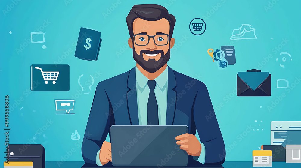 Smiling businessman working on a laptop with business icons around him. Smiling businessman working on a laptop with business icons around him.