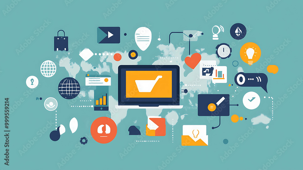 Abstract illustration of an online store with a laptop and various icons representing e-commerce. Abstract illustration of an online store with a laptop and various icons representing e-commerce.