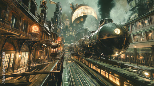 A bustling metropolis fuses Victorian elegance with futuristic steam technology, where glowing gears and trains embody innovation at dusk