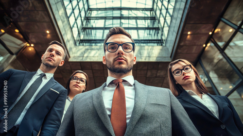 A group of business professionals in suits stands confidently within a modern office building, captured with a cinematic flair and a wide-angle perspective