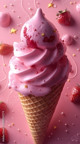 Charming Strawberry Ice Cream Cone Logo with Twinkling Stars