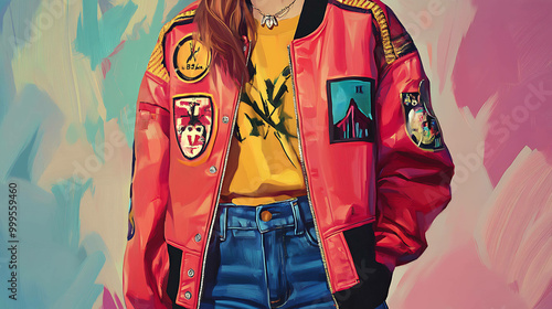 A woman in a red leather bomber jacket with colorful patches, blue jeans, and a yellow shirt in front of a bright blue and pink abstract background.