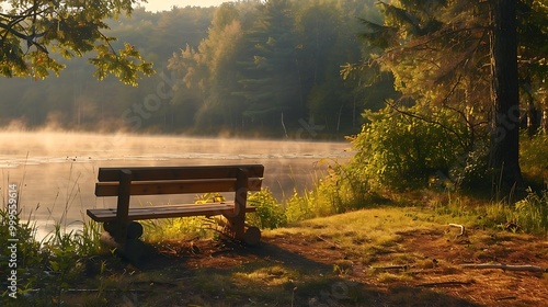 Obraz na płótnie Timber bench overlooking woods the lake at morning w salonie
