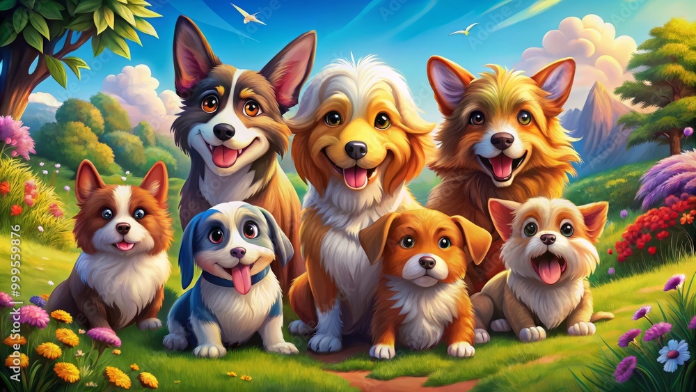 Delightful cartoon dogs crafted for whimsical illustrations in a variety of styles and colors, showcasing their playful Delightful cartoon dogs crafted for whimsical illustrations in a variety of styles and colors, showcasing their playful