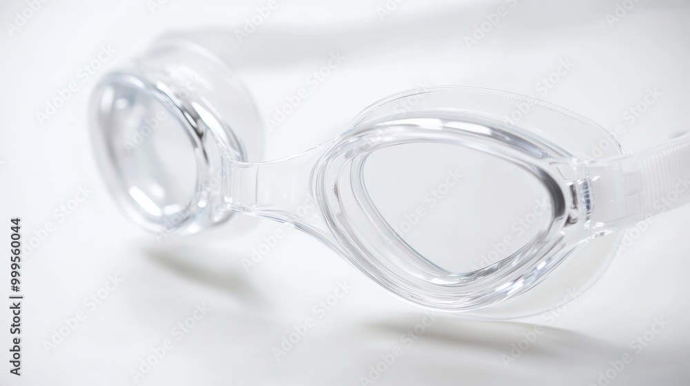 Close up of swimming goggles isolated on a white background. The clear lenses and adjustable strap are highlighted showcasing the goggles design for comfort and effective water protection. Close up of swimming goggles isolated on a white background. The clear lenses and adjustable strap are highlighted showcasing the goggles design for comfort and effective water protection.