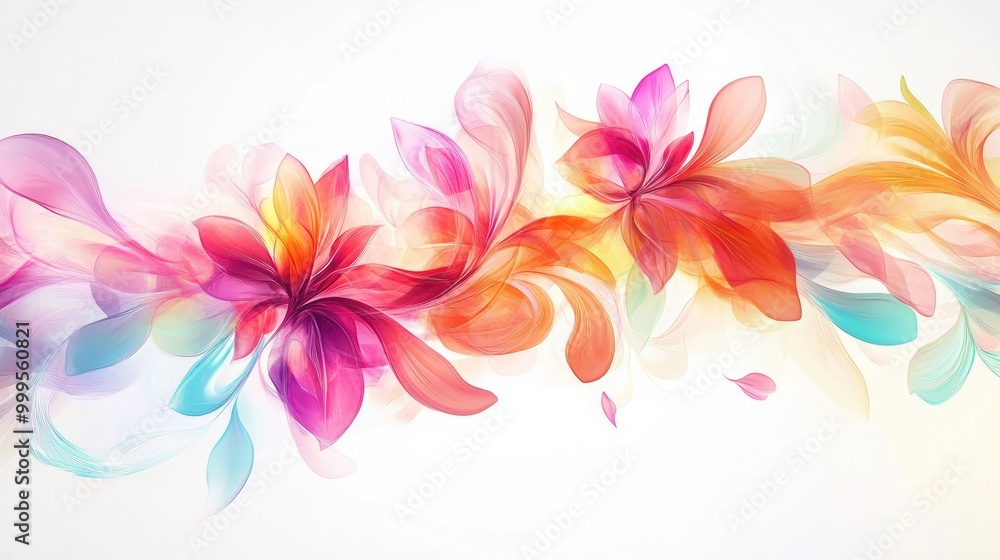 Beautiful colorful flowers swirl in dynamic trails, creating a captivating abstract pattern on a white backdrop, perfect for artistic visuals Beautiful colorful flowers swirl in dynamic trails, creating a captivating abstract pattern on a white backdrop, perfect for artistic visuals