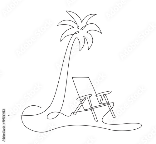Beach umbrella and lounger near palm tree , continuous editable single line drawing. Concept of summer vacation, vacation at the seaside