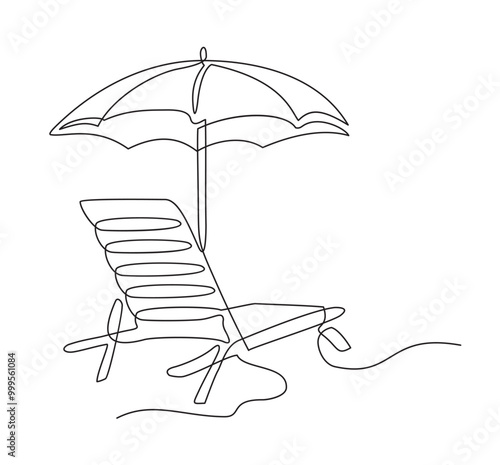 One line vacation icon beach sunbed with umbrella, wooden deck chair. Summertime relax