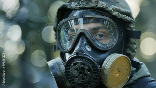 Soldier in a gas mask stands in a forest, emphasizing safety and protection in a hazardous environment, conveying danger and the need for vigilance