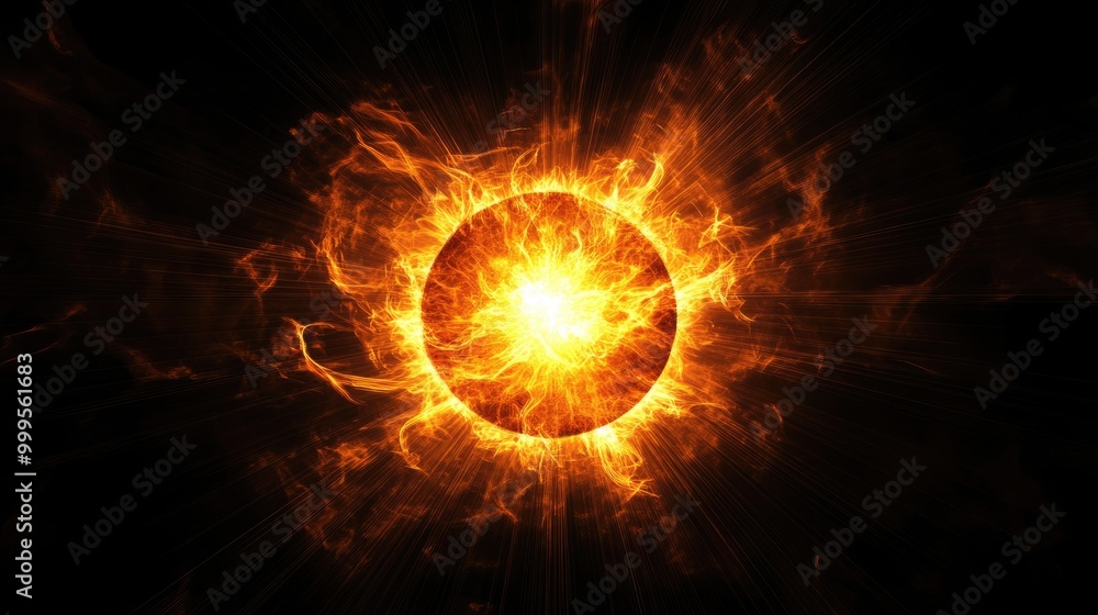 Cosmic Sunburst. Orange and Yellow Flare with Radiant Burst on Night Sky