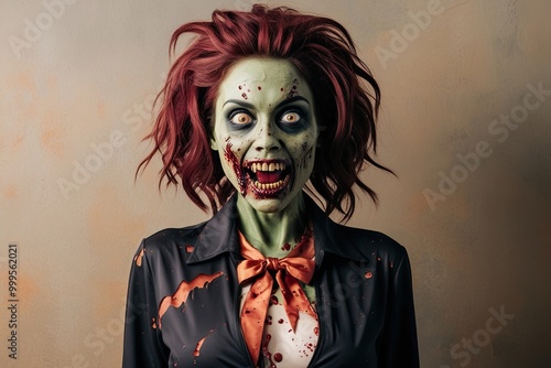 Radiant Woman in Zombie Costume for Halloween on Orange Banner with Copy Space