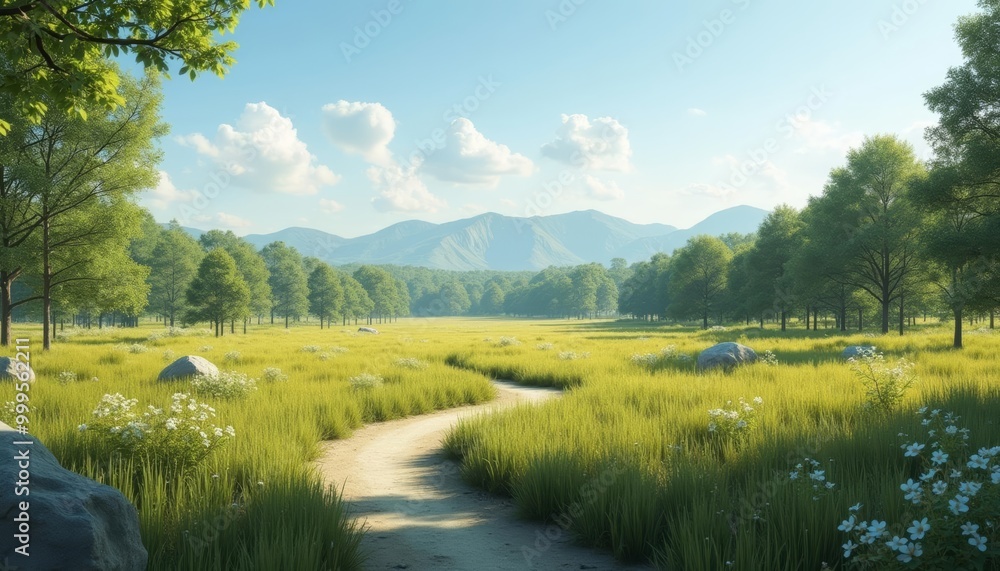 Obraz premium Enchanting forest path leading to serene mountains