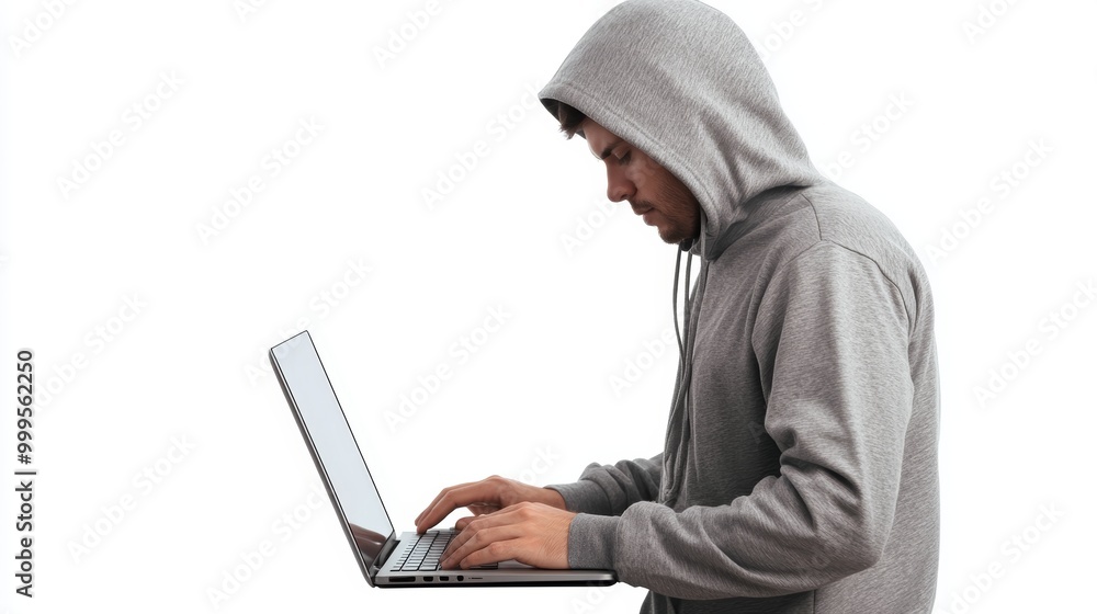 Side view on hacker in grey hoody with laptop at white background. Side view on hacker in grey hoody with laptop at white background.