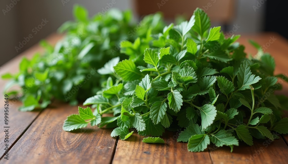 Freshly picked mint leaves on a wooden table Freshly picked mint leaves on a wooden table